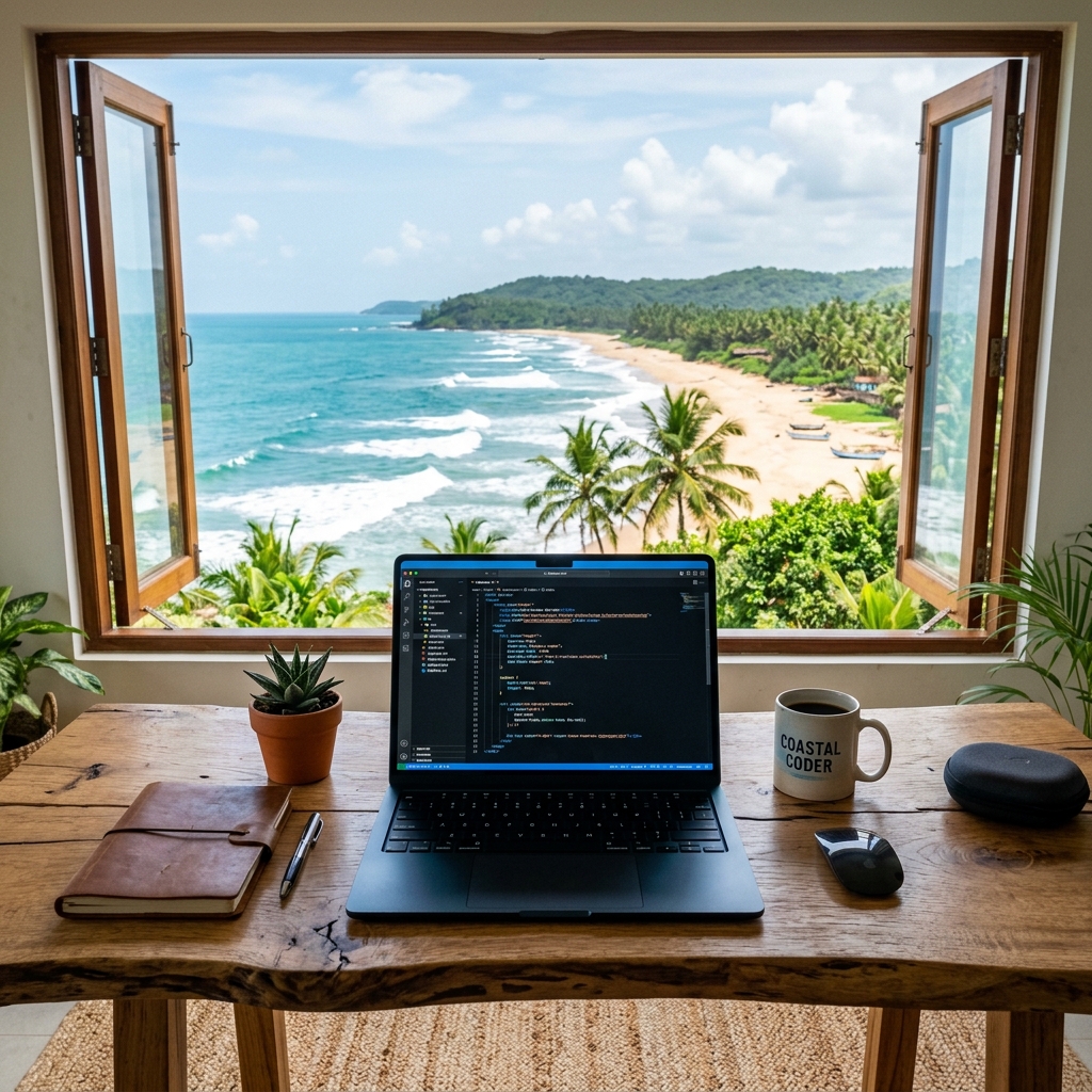 Laptop with coastal view